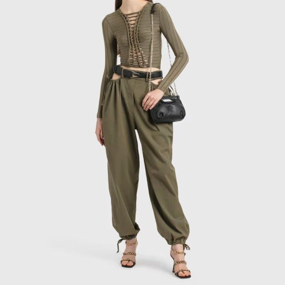 NWT Dion Lee Cotton Viscose Gathered Tie Pant Slate Green‎ Size 8